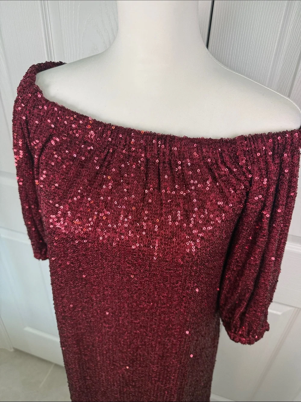 Burgundy Sequin Off Shoulder Shift Dress Boho Cocktail Wedding Party Festival✨